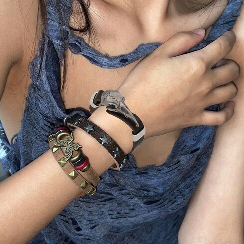 YWMAN Odin's Ravens Cowhide Bracelet - Viking Pirate Adjustable Skull Head Bracelet for Men and Women in Kuwait