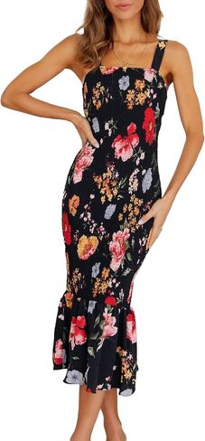 PRETTYGARDEN Women's Summer Floral Midi Tank Dress Sleeveless Strappy Ruffle Hem Smocked Bodycon Dresses in Saudi Arabia
