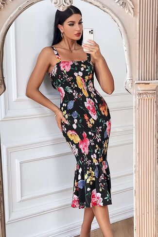 PRETTYGARDEN Women's Summer Floral Midi Tank Dress Sleeveless Strappy Ruffle Hem Smocked Bodycon Dresses in Saudi Arabia