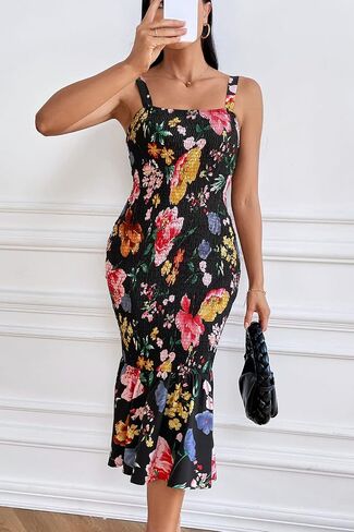 PRETTYGARDEN Women's Summer Floral Midi Tank Dress Sleeveless Strappy Ruffle Hem Smocked Bodycon Dresses in Saudi Arabia