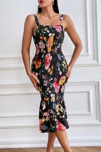 PRETTYGARDEN Women's Summer Floral Midi Tank Dress Sleeveless Strappy Ruffle Hem Smocked Bodycon Dresses in Saudi Arabia