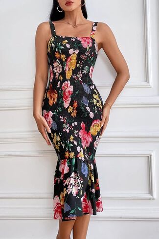 PRETTYGARDEN Women's Summer Floral Midi Tank Dress Sleeveless Strappy Ruffle Hem Smocked Bodycon Dresses in Saudi Arabia