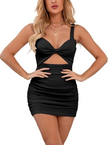 LYANER Women's Cut Out Twist Knot Front Ruched Bodycon Tank Sleeveless Mini Dress in Kuwait