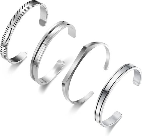 ييلو 4 قطع من اساور الكفة الفضية للرجال، سوار معصم بسيط من الريش، مجموعة اساور مفتوحة من النحاس، زركونيا مكعب, النحاس, مكعب زركونيا in Kuwait