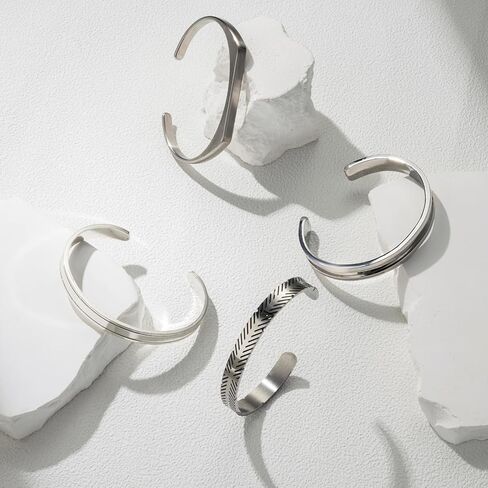 ييلو 4 قطع من اساور الكفة الفضية للرجال، سوار معصم بسيط من الريش، مجموعة اساور مفتوحة من النحاس، زركونيا مكعب, النحاس, مكعب زركونيا in Kuwait