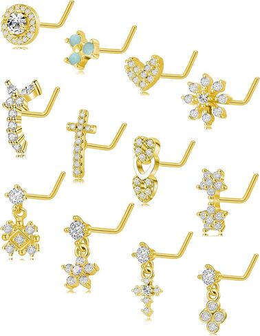 Fxiqini 12 قطعة مسمار الأنف المتدلي على شكل حرف L حلقة مسمار القلب ندفة الثلج الصليب نجمة فراشة لامعة تشيكوسلوفاكيا شكل الأنف ترصيع الفولاذ المقاوم للصدأ الأنف ثقب الأنف مجوهرات للنساء الرجال 20G الذهب والفضة لهجة in Kuwait