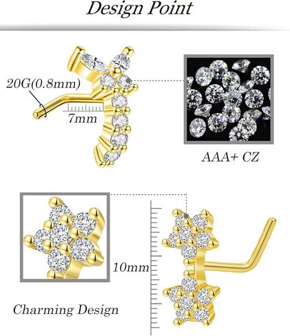 Fxiqini 12 قطعة مسمار الأنف المتدلي على شكل حرف L حلقة مسمار القلب ندفة الثلج الصليب نجمة فراشة لامعة تشيكوسلوفاكيا شكل الأنف ترصيع الفولاذ المقاوم للصدأ الأنف ثقب الأنف مجوهرات للنساء الرجال 20G الذهب والفضة لهجة in Kuwait