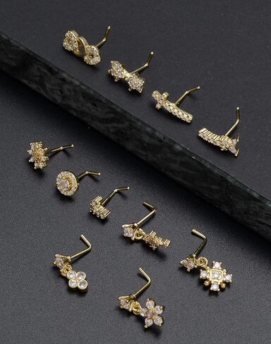 Fxiqini 12 قطعة مسمار الأنف المتدلي على شكل حرف L حلقة مسمار القلب ندفة الثلج الصليب نجمة فراشة لامعة تشيكوسلوفاكيا شكل الأنف ترصيع الفولاذ المقاوم للصدأ الأنف ثقب الأنف مجوهرات للنساء الرجال 20G الذهب والفضة لهجة in Kuwait