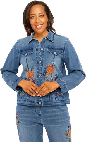 Alfred Dunner Women's Petite Flower Embroidered Denim Jacket in Saudi Arabia