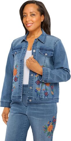 Alfred Dunner Women's Petite Flower Embroidered Denim Jacket in Saudi Arabia