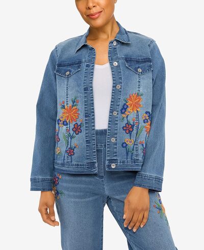 Alfred Dunner Women's Petite Flower Embroidered Denim Jacket in Saudi Arabia