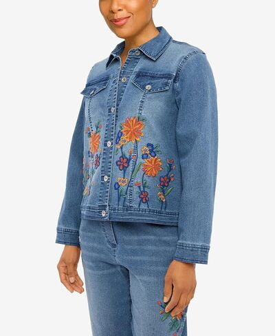Alfred Dunner Women's Petite Flower Embroidered Denim Jacket in Saudi Arabia