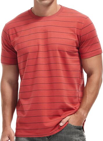 تي شيرت VEIISAR رجالي بياقة دائرية مخططة تي شيرت قطني كاجوال عتيق in Kuwait