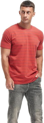 تي شيرت VEIISAR رجالي بياقة دائرية مخططة تي شيرت قطني كاجوال عتيق in Kuwait