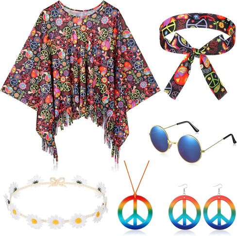 Hicarer 6 Pcs Hippie Costume Accessories Set Includes Poncho Necklace Earrings Headband Sunglasses Headband for Women Girls in Saudi Arabia