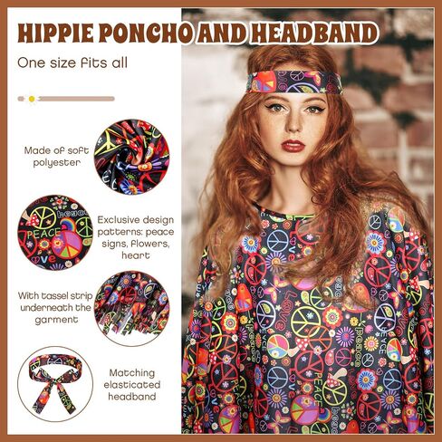 Hicarer 6 Pcs Hippie Costume Accessories Set Includes Poncho Necklace Earrings Headband Sunglasses Headband for Women Girls in Saudi Arabia