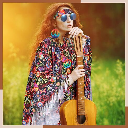 Hicarer 6 Pcs Hippie Costume Accessories Set Includes Poncho Necklace Earrings Headband Sunglasses Headband for Women Girls in Saudi Arabia