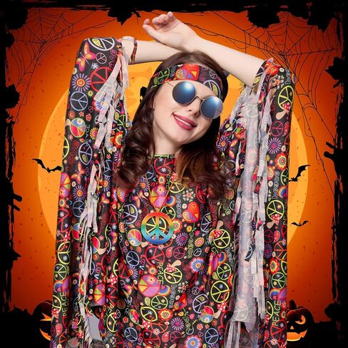 Hicarer 6 Pcs Hippie Costume Accessories Set Includes Poncho Necklace Earrings Headband Sunglasses Headband for Women Girls in Saudi Arabia