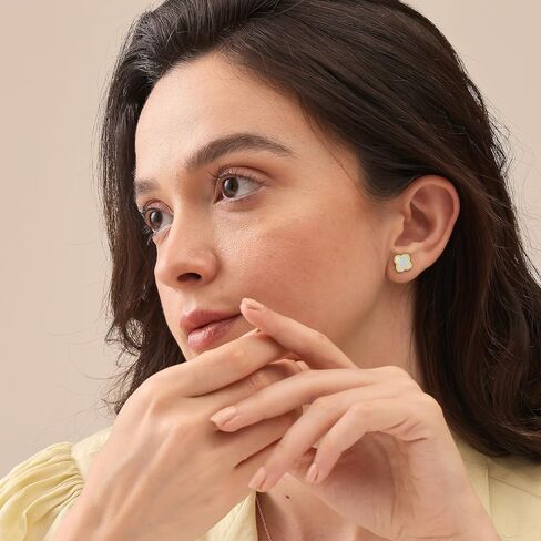 LeCalla 925 Sterling Silver 14K Gold-Plated Mother of Pearl Zirconia Stud Clover Flower Duck Dangle Earrings for Women Teen in Kuwait