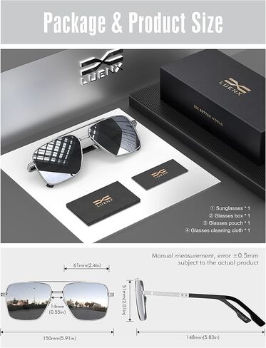 نظارات شمسية LUENX Aviator للرجال، إطار مستطيل كبير الحجم عصري للحماية من الأشعة فوق البنفسجية 400 in Kuwait