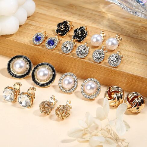 FIBO STEEL 10 Pairs Clip Earrings for Women Clip On Earrings for Non Pierced CZ Flower Simulated Freshwater Pearl Twist Knot Clip Earrings Sets Gold Silver Tone in Kuwait