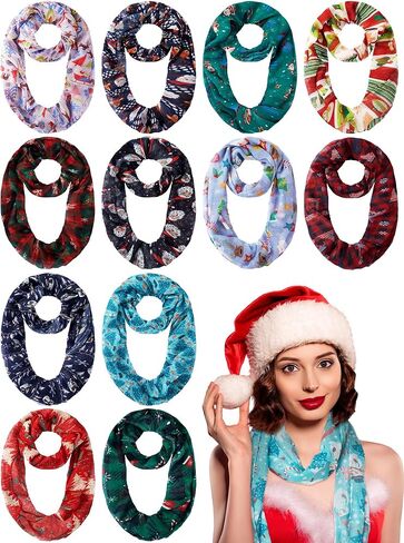 Shinymoon 12 Pcs Christmas Loop Christmas Scarf Soft Lightweight Artistic Scarf Winter Circle Holiday Scarves for Women Girls Gift in Saudi Arabia