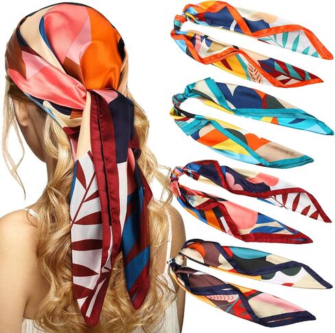 4 Pcs 35 Inch Large Square Satin Hair Scarf Silk Like Head Scarf Floral Satin Head Wrap Flower Hair Bandana Neck Scarf for Women Sleeping Hair Wrapping in Saudi Arabia