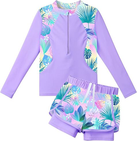 TFJH E 2 قطعة ملابس سباحة للفتيات بأكمام طويلة UV 50+ Rashguard Tankini مجموعة ملابس سباحة للأطفال بسحاب 3-12 سنة in Kuwait