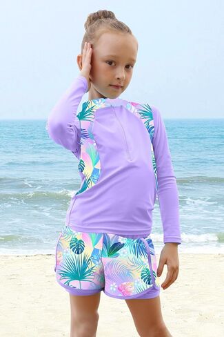 TFJH E 2 قطعة ملابس سباحة للفتيات بأكمام طويلة UV 50+ Rashguard Tankini مجموعة ملابس سباحة للأطفال بسحاب 3-12 سنة in Kuwait