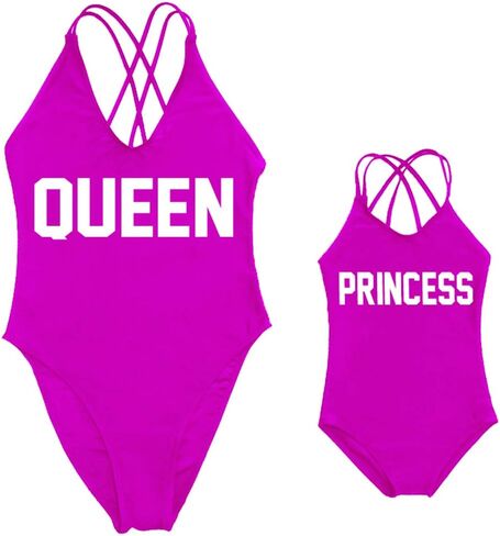Mommy and Me Matching Family Swimwear Queen & PRINNCESS One Piece Mother Daughter Girl Swimsuits Cross Back Beachwear in Kuwait
