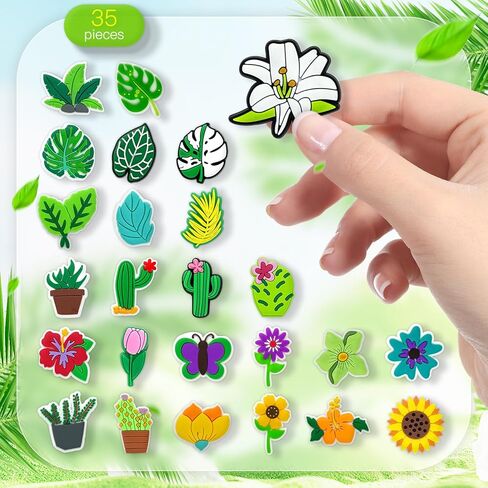 Tashrasia 25Pcs Plants Shoe Charms for Clogs Sandals Bracelet Wristband Slippers Water Shoes, Potted Leaf Flower Shoe Decoration Charms for Kids Girls Adults Party Favor Gifts in Kuwait