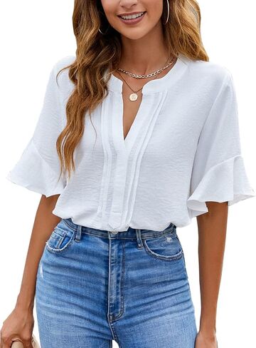 BMJL Womens White Blouses Chiffon Ruffle Short Sleeve V Neck Business Casual Tops Summer Cute Shirt in Kuwait