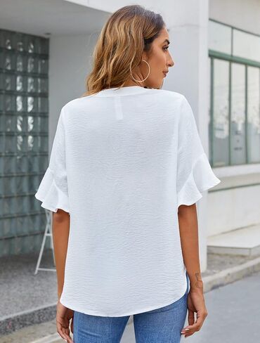 BMJL Womens White Blouses Chiffon Ruffle Short Sleeve V Neck Business Casual Tops Summer Cute Shirt in Kuwait
