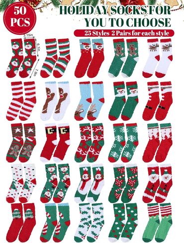 Liitrsh 50 Pairs Christmas Socks Fuzzy Socks with Grips for Women Fuzzy Socks Winter Warm Socks Colorful Novelty Crew Socks Warm Winter Holiday Kid Women Creative Christmas Socks in Saudi Arabia