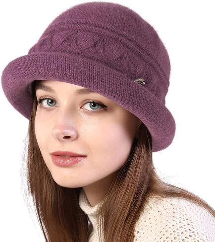 Women Winter Knit 1920s Vintage Bucket Bowler Hat Round Brim Warm Hat in Kuwait
