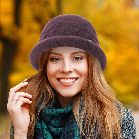 Women Winter Knit 1920s Vintage Bucket Bowler Hat Round Brim Warm Hat in Kuwait