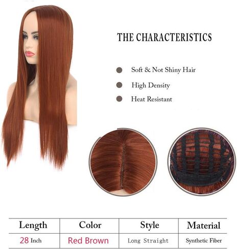 شعر مستعار طويل مستقيم باللون البرتقالي الداكن للنساء من Baruisi، شعر مستعار صناعي بديل ذو مظهر طبيعي مع غطاء شعر مستعار in Kuwait