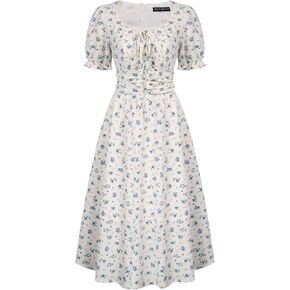 Scarlet Darkness Women Summer Victorian Square Neck Floral Dress Cottagecore Dress with Pockets