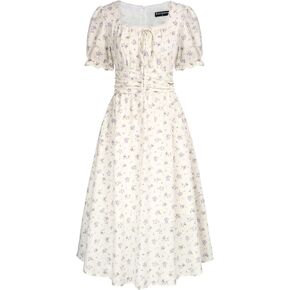 Scarlet Darkness Women Summer Victorian Square Neck Floral Dress Cottagecore Dress with Pockets