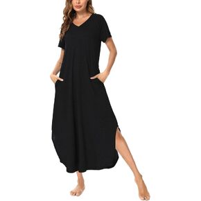 Marvmys Women Short Sleeves Long Nightgown Super Soft Sleepwear Comfy V Neck Cotton Nightshirts with Pocket