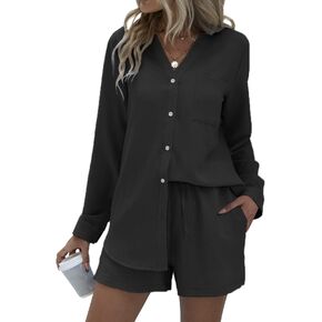 Ekouaer Women's V Neck Lounge Sets Button Down Shirt and Shorts 2 Piece Outfits Loungewear Pajama with Pockets