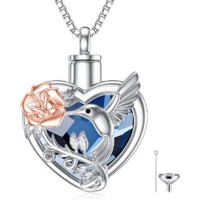 TOUPOP Hummingbird Urn Necklace for Ashes Sterling Silver with Crystal Cremation Jewelry w/Funnel Filler Keepsake Memory Jewelry for Women Girls