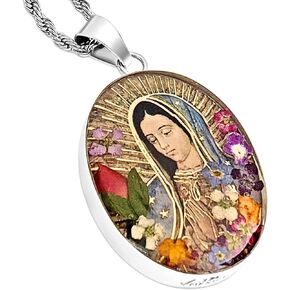 Virgin Mary Necklace Lady of Guadalupe Pendant 925 Sterling Silver with 20" Stainless Steel Chain Medalla Virgen Maria Miraculous Mary Medal Pressed Flower Catholic Religious Gift Jewelry -Handmade by Mexican Artisans in Saudi Arabia