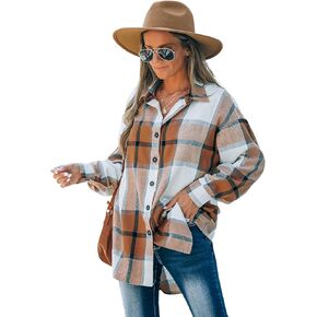 CUPSHE Women Long Sleeve Plaid Button Down Tops Casual V Neck Oversized Shirt Blouse