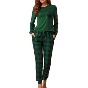 difficort Christmas Pajamas for Women Long Sleeve Pj Set Soft Sleepwear Plaid Pant with Pockets