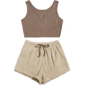 Milumia Women's Two Piece Pajama Crop Tank Top Tie Waist Fluffy Teddy Shorts Lounge Set