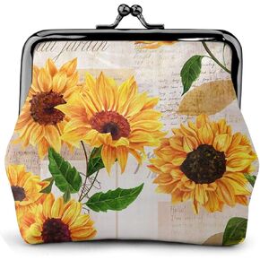 Vintage Grunge Yellow Sunflower Floral Women's Leather Coin Purse, Small Change Pouch with Kiss-Lock Clasp Closure Buckle Wallet for Girl Gift in Kuwait