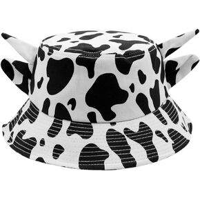 JUMISEE Men Women Cotton Cow Print Bucket Hat Summer Beach Sun Hat Fisherman Hat with Cute Horn Ears