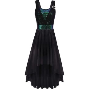 AFAVOM Women Contemporary Dance Costumes Sequin Lyrical Dance Dress Long Irregular Flowy Tulle Chiffon Skirt Mesh Dancewear