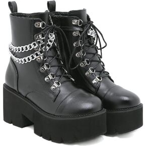 rui yue Womens Platform Boots Round Toe Chunky Ankle Boots Punk Boots Lace Up&Zipper Combat Boots